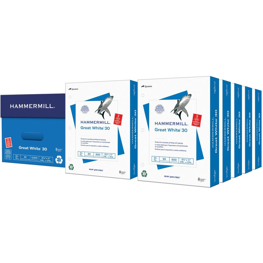 Hammermill Great White 3HP Recycled Copy Paper - White - 3-Hole Punched - 92 Brightness - Letter - 8 1/2" x 11" - 20 lb Basis Weight - Acid-free, Moisture Resistant, Pre-punched, Archival-safe, Jam-free - White - 500 Sheets per Ream - 10 / Carton
