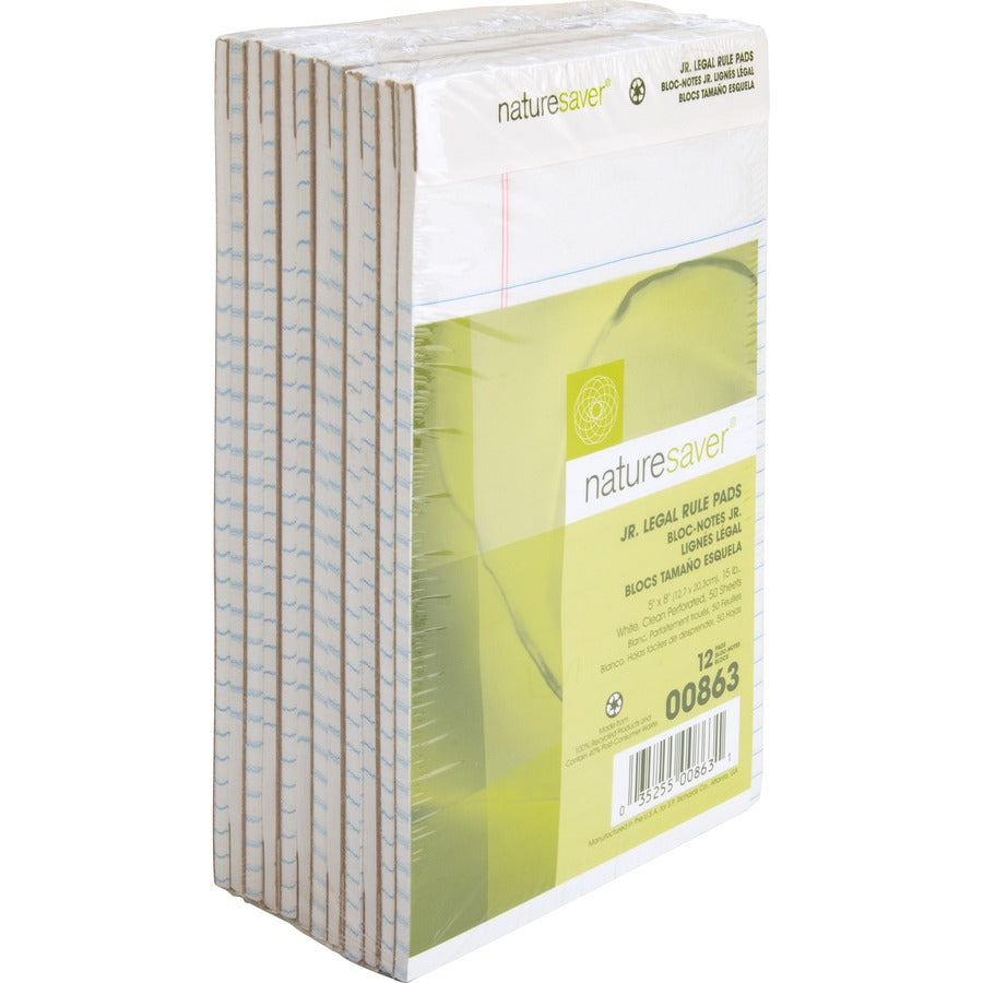 Nature Saver 100% Recycled White Jr. Rule Legal Pads - Jr.Legal - 50 Sheets - 0.28" Ruled - 15 lb Basis Weight - Jr.Legal - 5" x 8" Sheet Size - White Paper - Perforated, Back Board - 12 / Dozen
