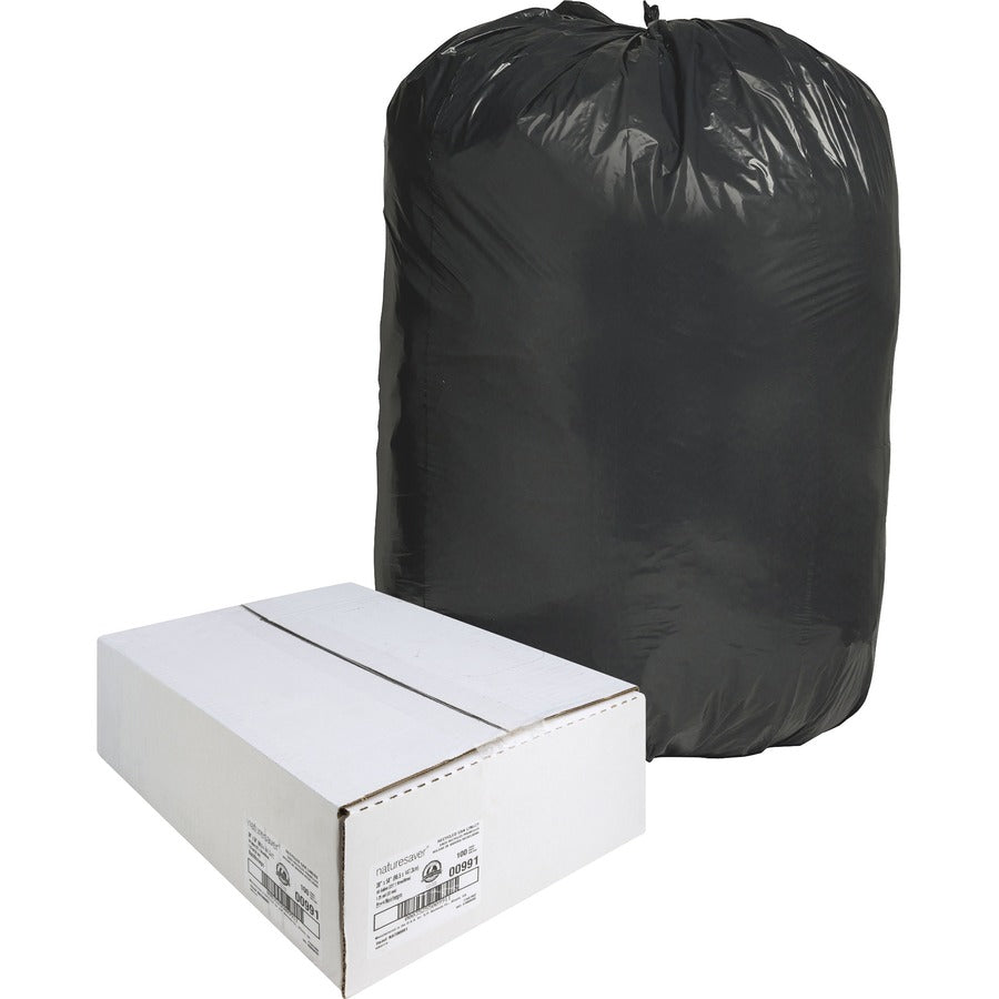 Nature Saver Black Low-density Recycled Can Liners - Extra Large Size - 60 gal Capacity - 58" Length x 38" Width x 1.25 mil (32 Micron) Thickness - Low Density - Black - Plastic - Cleaning Supplies - 1 Carton