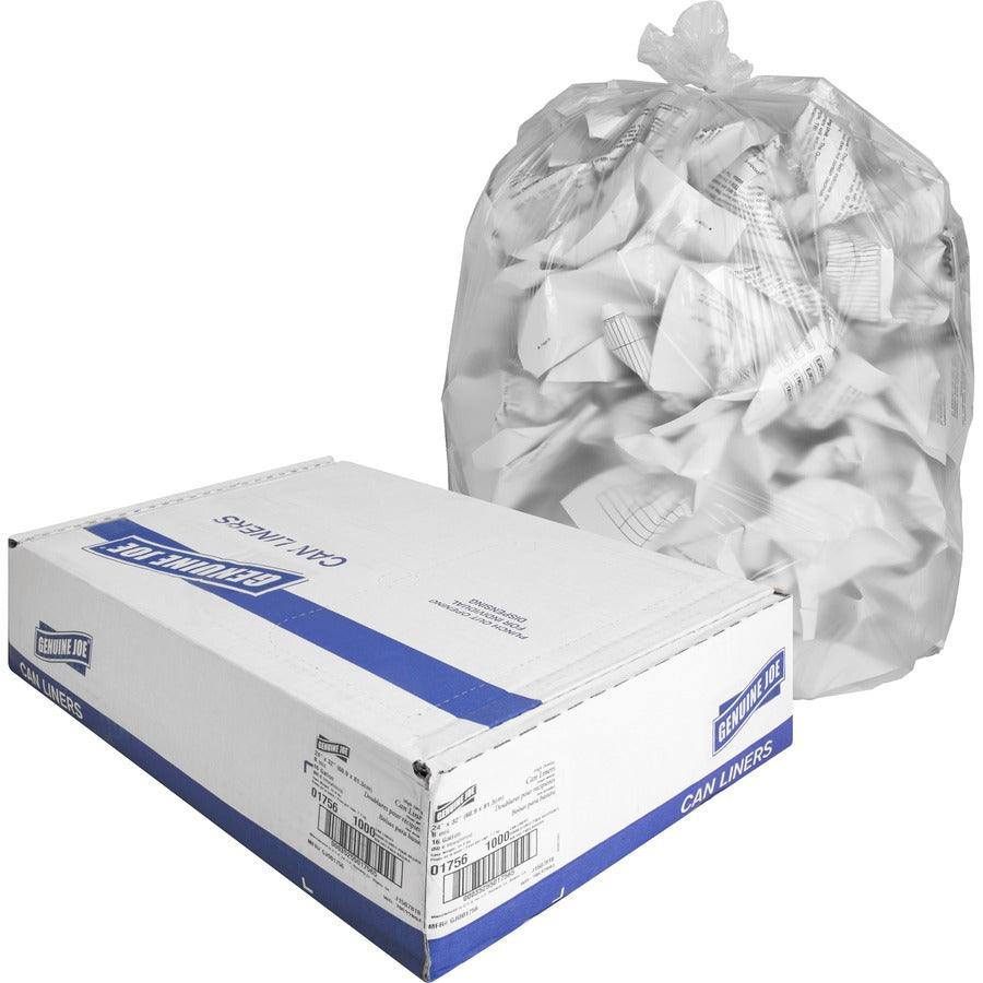Genuine Joe High-Density Can Liners - Small Size - 16 gal Capacity - 32" Length x 24" Width x 0.31 mil (8 Micron) Thickness - High Density - Clear - Resin - Office Waste, Industrial Trash - 50/Roll - 20 / Carton