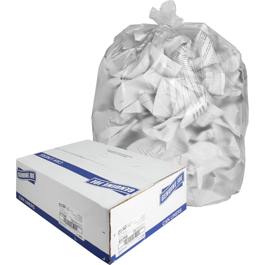 Genuine Joe High-density Can Liners - Large Size - 45 gal Capacity - 48" Length x 40" Width x 0.63 mil (16 Micron) Thickness - High Density - Clear - Resin - Office Waste, Industrial Trash - 25/Roll - 10 / Carton