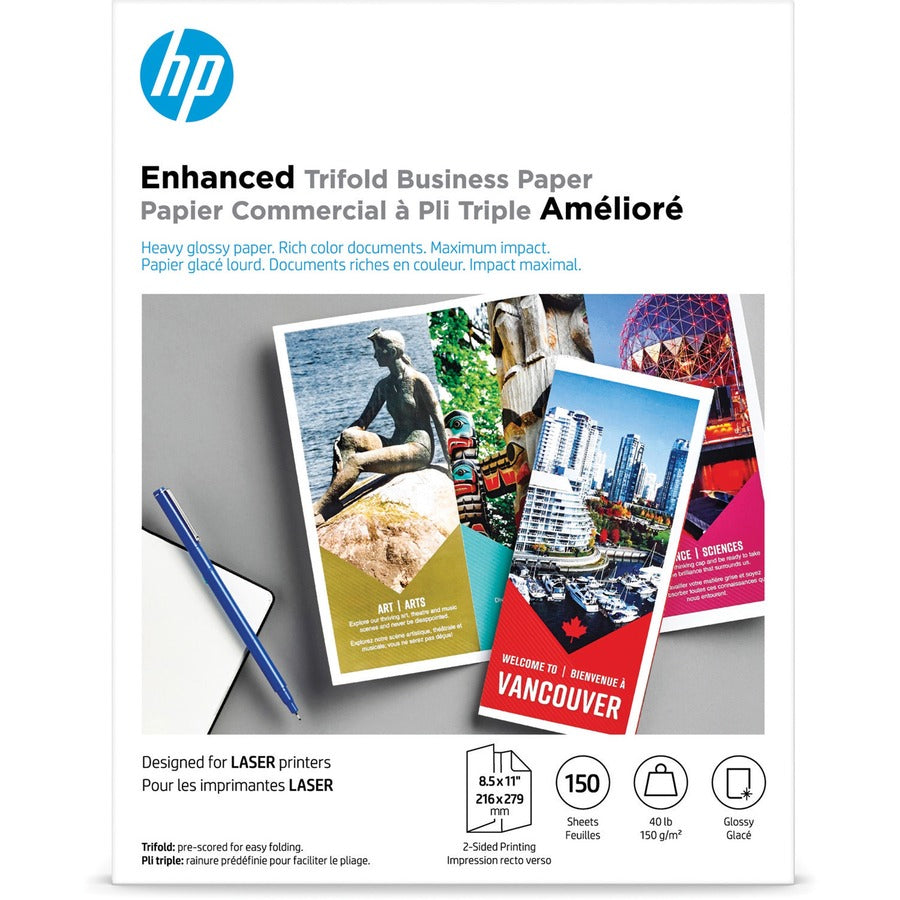 HP Trifold Brochure Paper - White - 97 Brightness - Letter - 8 1/2" x 11" - 40 lb Basis Weight - Smooth, Glossy - Double-sided - White - 1 Pack