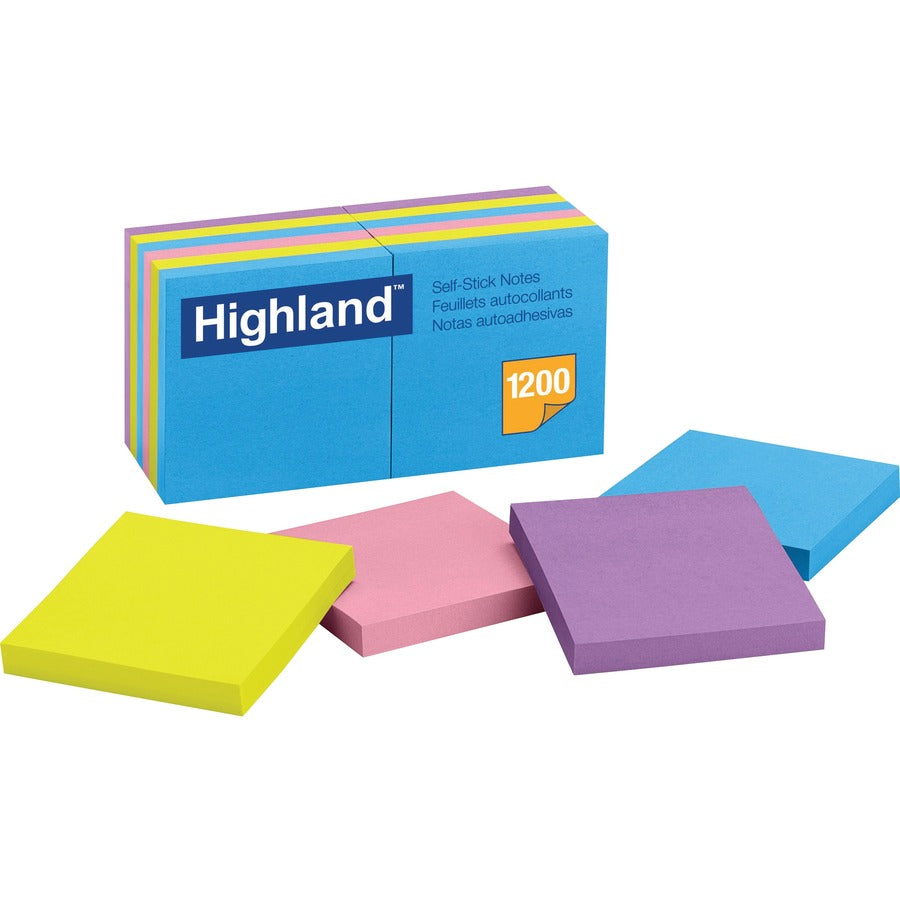 Highland Self-Sticking Notepads - Bright Colors - 1200 - 3" Flag/Note Width x 3" Flag/Note Length - Square - 100 Sheets per Pad - Unruled - Bright Assorted - Paper - Self-adhesive, Repositionable, Removable - 1 Pack