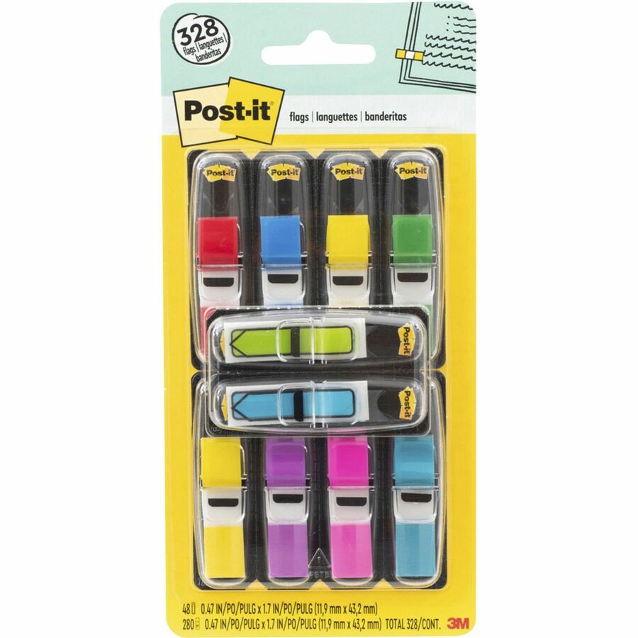 Post-it®, Flag Value Pack - 328 - 1/2" Flag/Note Width - Rectangle, Arrow - Unruled - Red, Blue, Yellow, Green, Purple, Pink, Blue, Red, Yellow - Removable, Self-adhesive - Dispenser Included - 280 / Pack