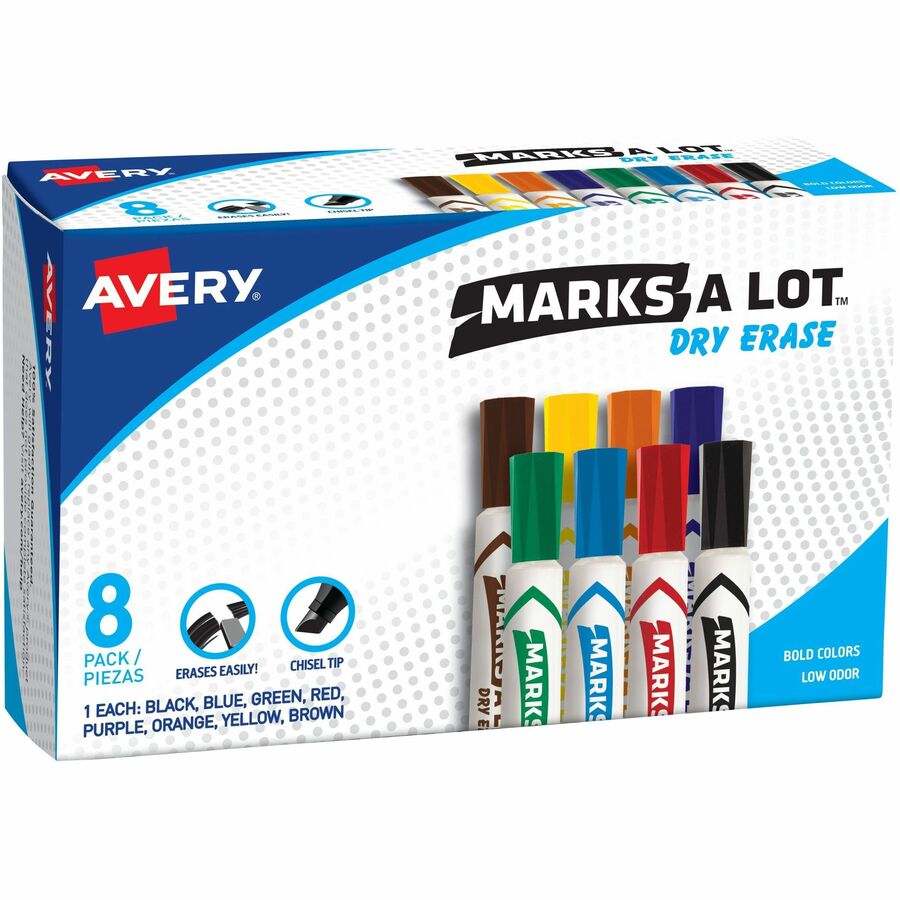 Avery®, Marks A Lot Marks A Lot Dry Erase Markers, Desk-Style, 8 Assorted Markers - Erasable - Black, Blue, Red, Green, Purple, Yellow, Orange, Brown Ink - Home, School - 8 / Box