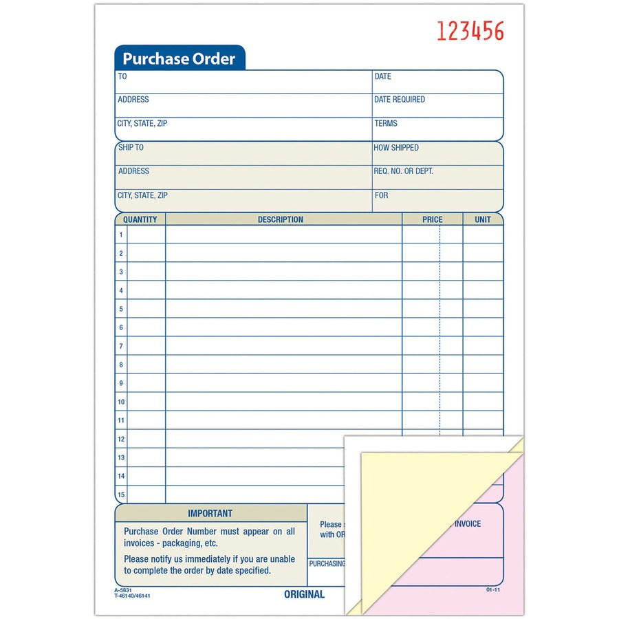 Adams 3-Part Carbonless Purchase Order Forms - 3 Part - Carbonless Copy - 5.56" x 8.43" Sheet Size - Blue, White - 1 Each