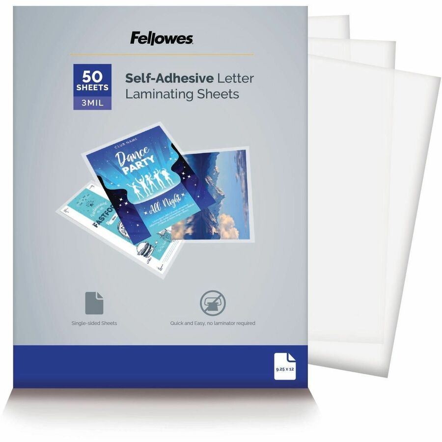 Fellowes Self Adhesive Laminating Sheets - Sheet Size Supported: Letter - Laminating Pouch/Sheet Size: 9.25" Width x 3 mil Thickness - Type G - Glossy - for Document, Photo - Self-adhesive, Single Sided - Clear - 50 / Pack