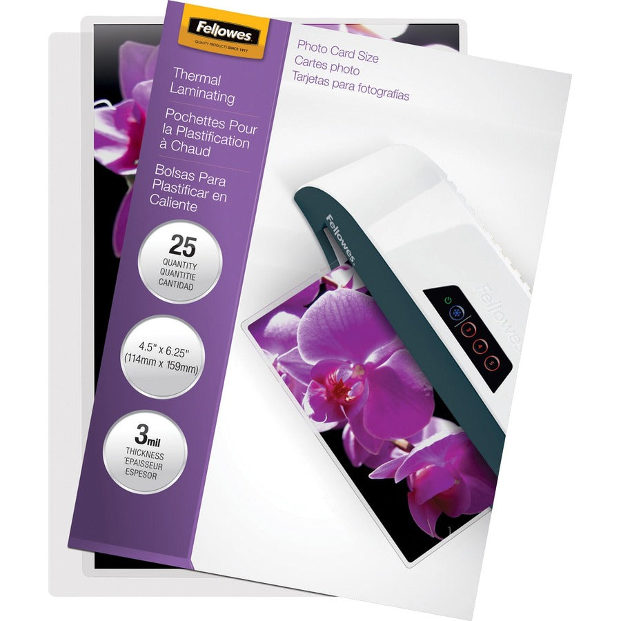 Fellowes Photo Card Glossy Thermal Laminating Pouches - Laminating Pouch/Sheet Size: 6.25" Width x 3 mil Thickness - Type G - Glossy - for Photo, Document - Durable - Clear - 1 Pack