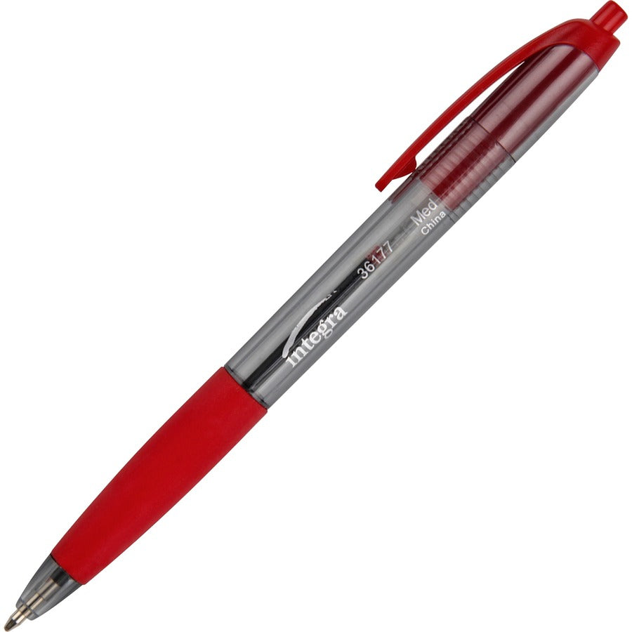 Integra Rubber Grip Retractable Pens - Retractable - Red Ink - Red Barrel - 1 Dozen