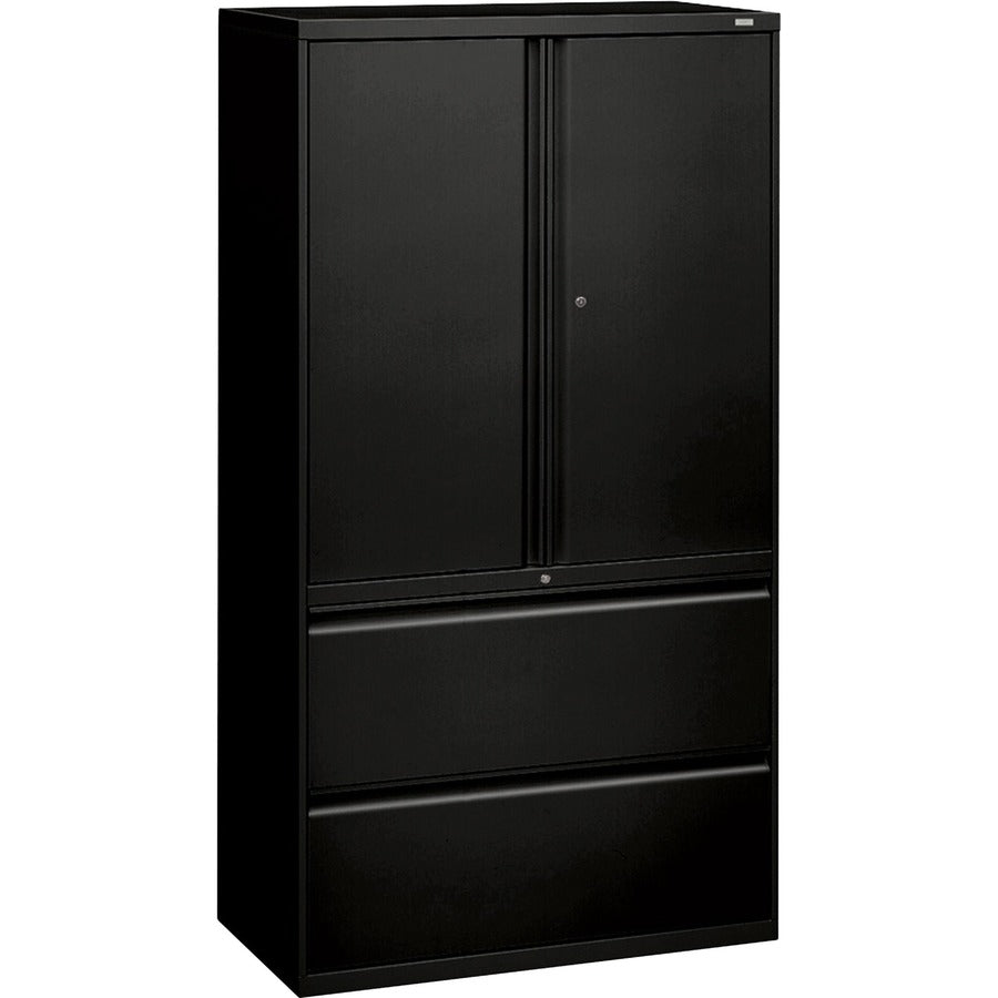 HON 800 Series Wide Lateral File with Storage Cabinet - 2-Drawer - 36" Width x 18" Depth x 64.2" Height - 3 x Shelf(ves) - 2 x Drawer(s) for File - 2 x Side Open Door(s) - Legal, Letter - Lateral - Interlocking, Tamper Resistant, Locking Door, Ball-bea...