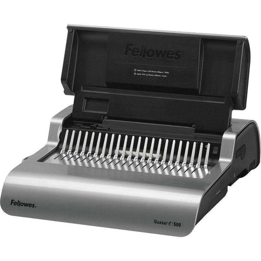 Fellowes Quasar E 500 Electric Comb Binding Machine w/Starter Kit - CombBind - 500 Sheet(s) Bind - 25 Punch - 5.1" Height x 16.9" Width x 15.4" Depth - Metallic Silver, Black