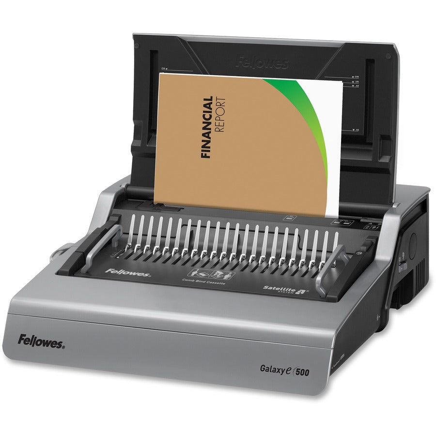 Fellowes Galaxy-E 500 Electric Comb Binding Machine & Starter Kit - CombBind - 500 Sheet(s) Bind - 28 Punch - Letter - 6.5" Height x 19.6" Width x 17.8" Depth - Metallic Silver, Black