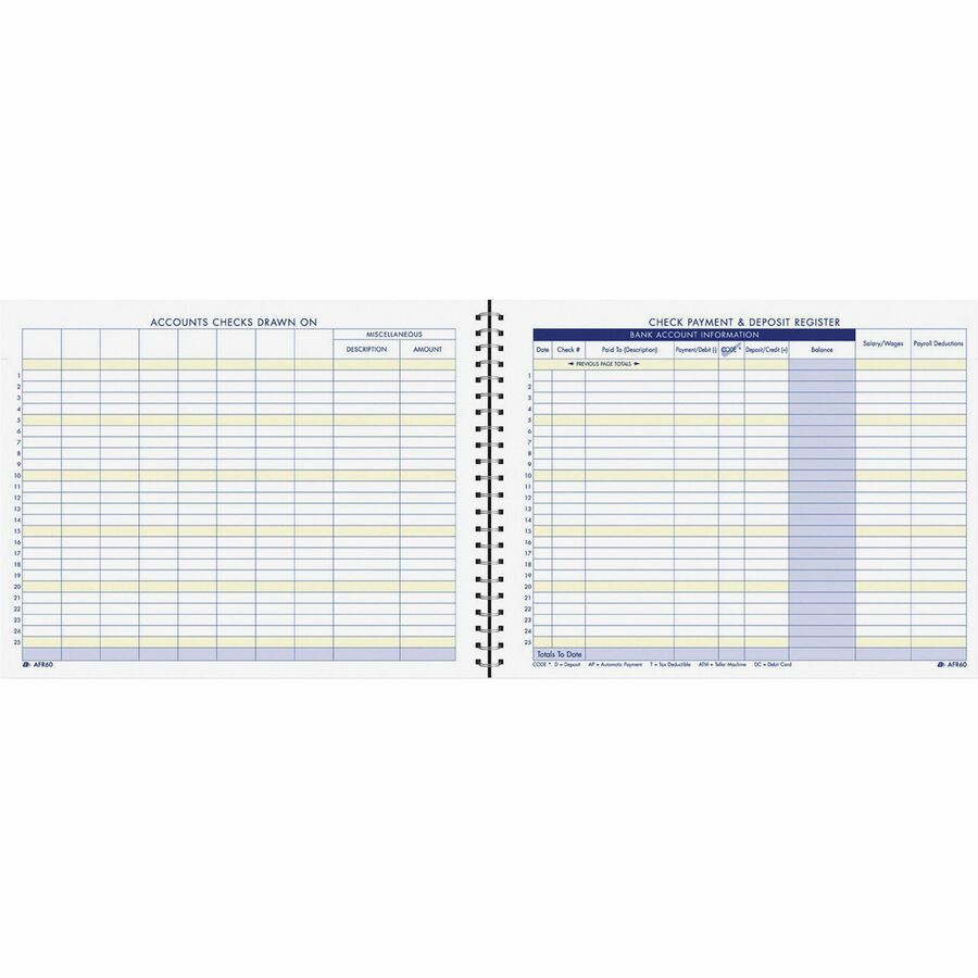 Adams Check Payment & Deposit Register - 96 Sheet(s) - 11" x 8.50" Sheet Size - Assorted - White Sheet(s) - 1 Each