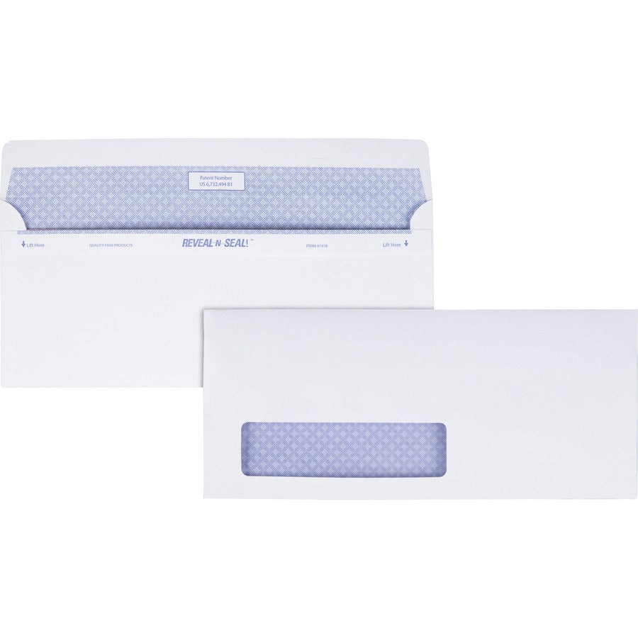 Quality Park No. 10 Single Window Security Tinted with Reveal-N-Seal®, Self-Seal Closure - Single Window - #10 - 4 1/8" Width x 9 1/2" Length - 24 lb - White - 500 / Box