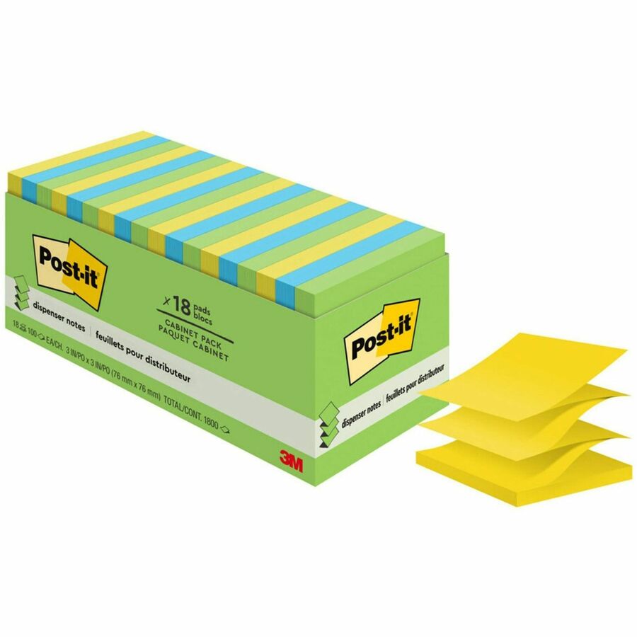 Post-it®, Dispenser Notes - Floral Fantasy Color Collection - 1800 - 3" Flag/Note Width x 3" Flag/Note Length - Square - 100 Sheets per Pad - Unruled - Limeade, Blue Paradise, Citron - Paper - Self-adhesive - 18 / Pack