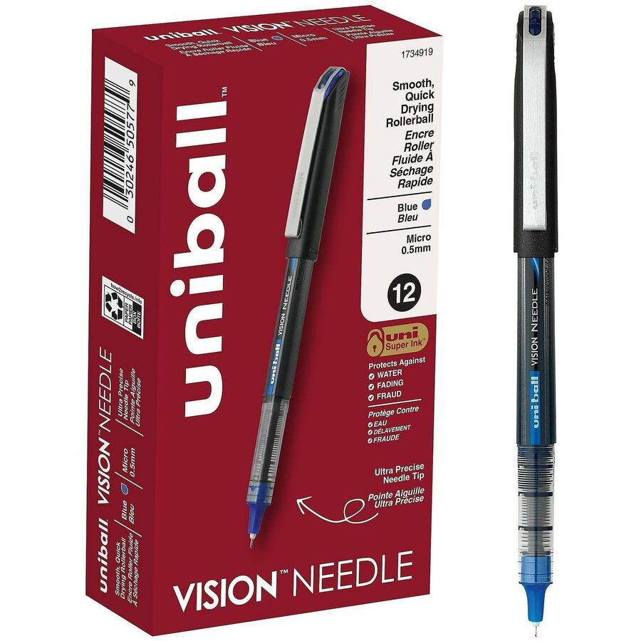 uniball™, Vision Needle Rollerball Pens - Blue Ink - Liquid - 12 / Dozen