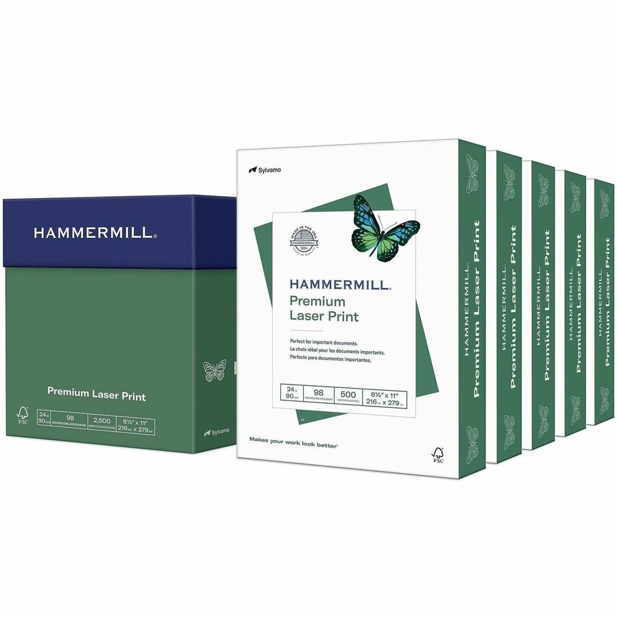 Hammermill Premium Laser Print Copy Paper - White - 98 Brightness - Legal - 8 1/2" x 11" - 24 lb Basis Weight - Ultra Smooth - Jam-free - White - 500 Sheets - 500 Sheets per Ream - 10 / Carton