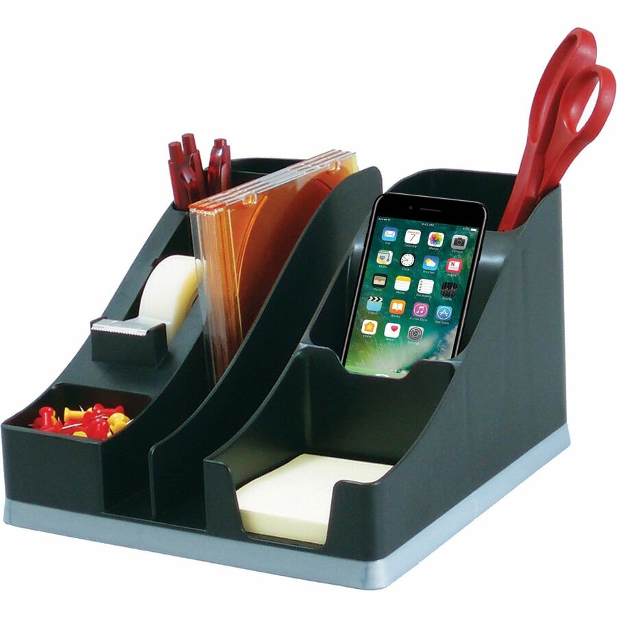 Deflecto Silouettes All-in-One Caddy - 6 Compartment(s) - 5.19" Height x 8.13" Width x 9.13" Depth - Desktop - Cable Management, Removable Divider - Silver - 1 Each