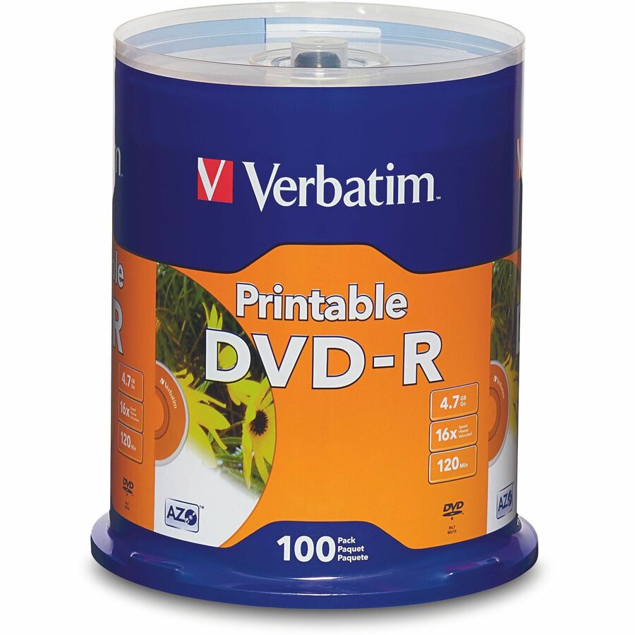 Verbatim DVD Recordable Media - DVD-R - 16x - 4.70 GB - 100 / Pack - White - 120mm - Printable