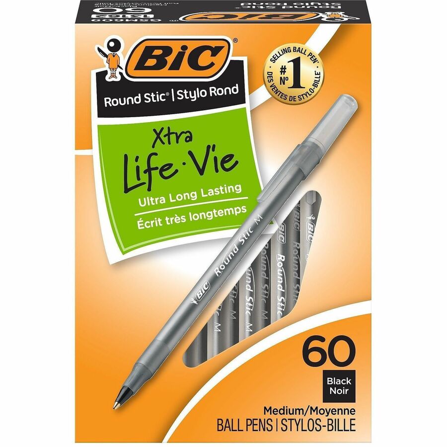 BIC Round Stic Ballpoint Pens - Black Ink - Black Barrel - Brass Tip - 60 / Box