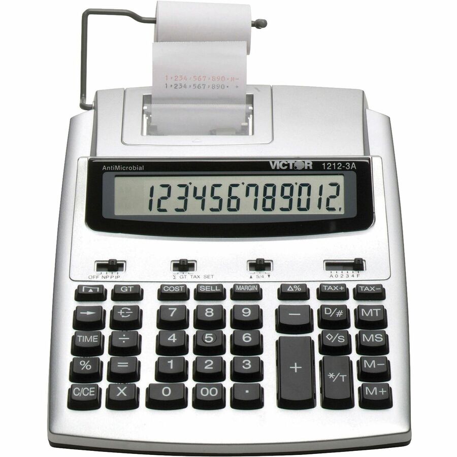 Victor 12123A Printing Calculator - Extra Large Display, Date, Clock, Environmentally Friendly, Item Count, 4-Key Memory, Independent Memory, Dual Power - Battery/Power Adapter Powered - 2.5" Height x 7.8" Width x 9.8" Length - White, Silver - Plastic...