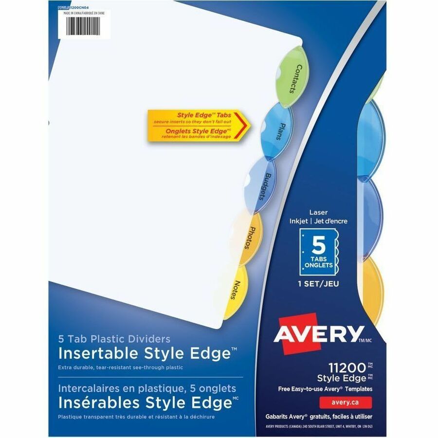 Avery Insertable Style Edge Plastic Dividers - 5 x Divider(s) - 5 Tab(s) - 5 - 5 Tab(s)/Set - 8.5" Divider Width x 11" Divider Length - 3 Hole Punched - Translucent Plastic Divider - Multicolor Plastic Tab(s) - Durable, Insertable Tab, Translucent, PVC...