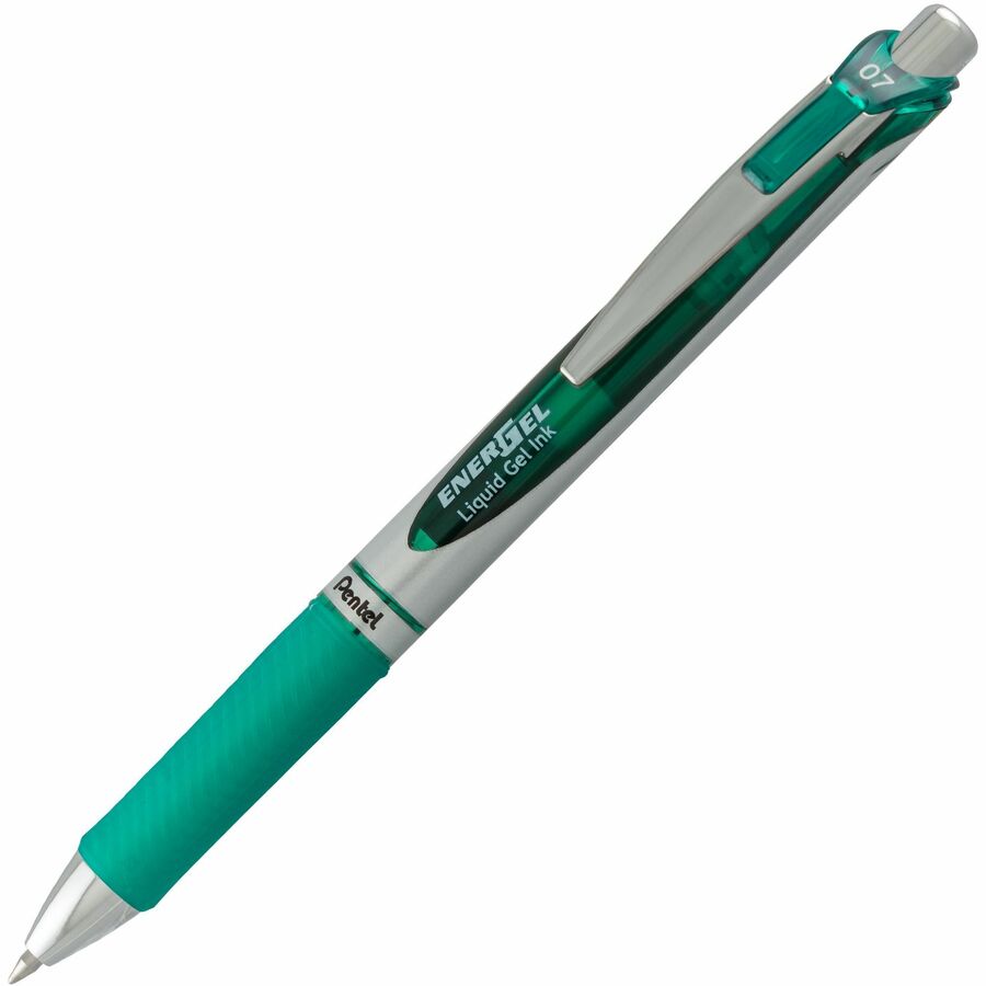 Pentel EnerGel RTX Rollerball Pen - Refillable - Retractable - Green Ink - Gel-based - Silver Barrel - 1 Each