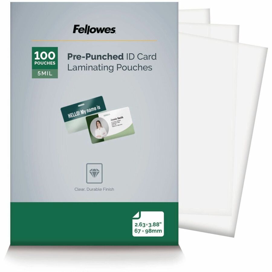 Fellowes Punched ID Card Glossy Thermal Laminating Pouches - Laminating Pouch/Sheet Size: 3.88" Width x 5 mil Thickness - Glossy - for Document, ID Badge, ID Card - Durable, Pre-punched - Clear - 1 Pack