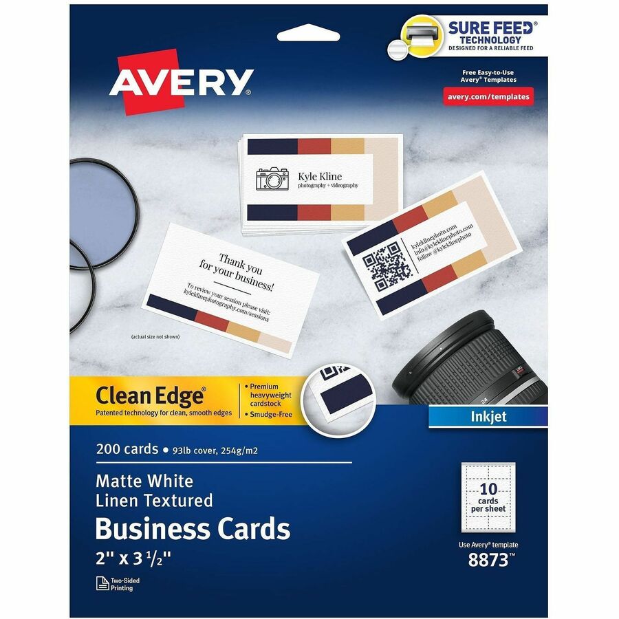 Avery®, Clean Edge Business Cards, White Textured, 200 (08873) - 110 Brightness - 2" x 3 1/2" - 93 lb Basis Weight - 254 g/m², Grammage - Matte - Double-sided - White - 1000 Sheets - 200/Pack - 5 / Carton