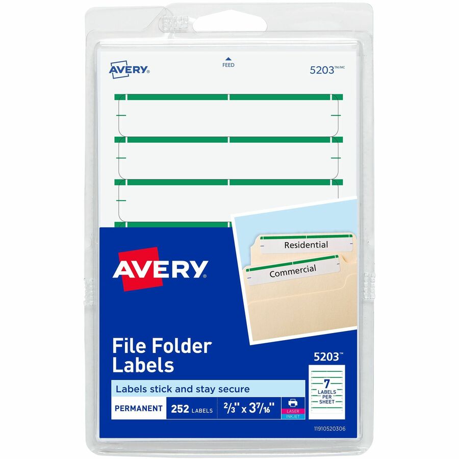 Avery®, File Folder Labels, White/Green, 2/3" x 3-7/16" , 252 (5203) - 3 7/16" Height x 21/32" Width - Permanent Adhesive - Rectangle - Laser, Inkjet - Green - Paper - 7 / Sheet - 36 Total Sheets - 252 Total Label(s) - 252 / Pack