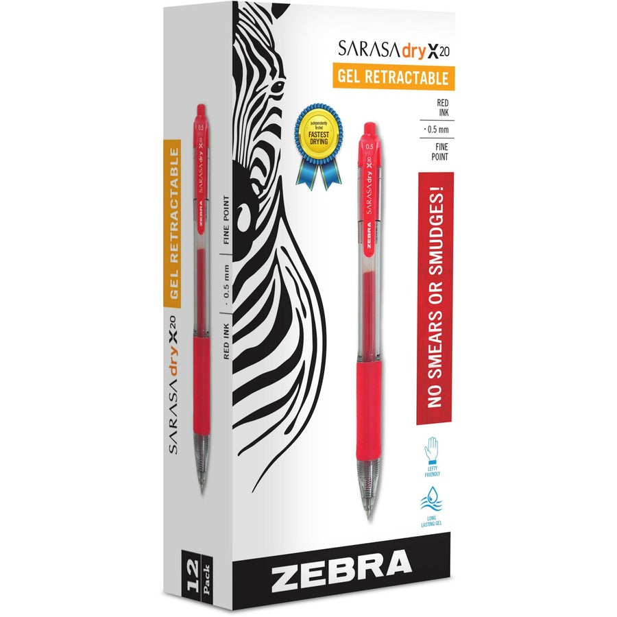 Zebra SARASA dry X20 Retractable Gel Pen - Retractable - Red Ink - Gel-based - Transparent, Red Barrel - 12 / Dozen