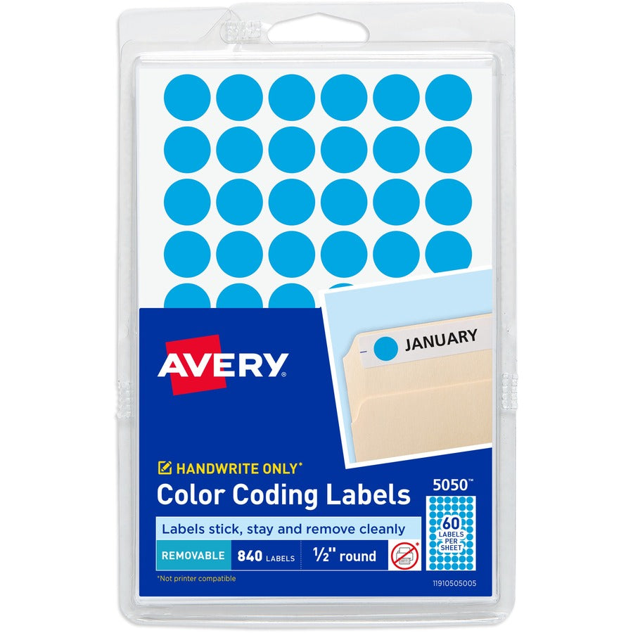 Avery®, Dot Stickers, 1/2" Diameter, Light Blue, 840 Total (5050) - 1/2" Diameter - Removable Adhesive - Round - Matte - Light Blue - Paper - 60 / Sheet - 14 Total Sheets - 840 Total Label(s) - 840 / Pack