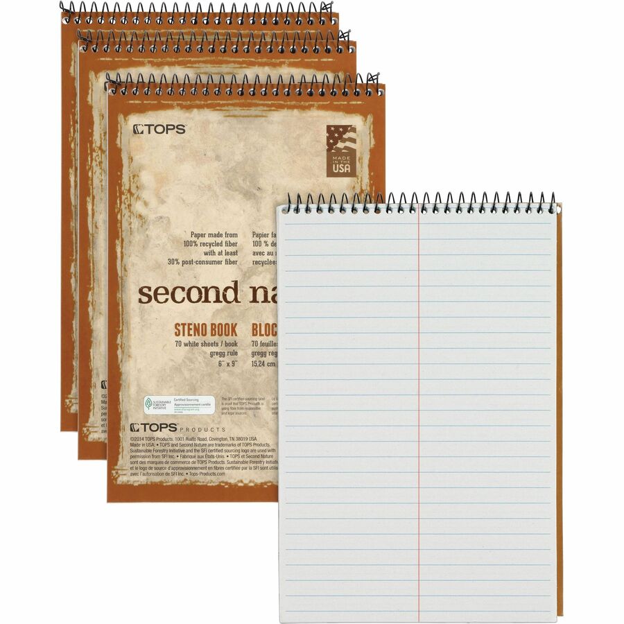TOPS Second Nature Spiral Steno Notebook - 70 Sheets - Spiral - 0.34" Ruled - 15 lb Basis Weight - 6" x 9" Sheet Size - 1" Height x 6" Width x 9" Length - White Paper - Blue, Gray, Brown Cover - Acid-free - 4 / Pack