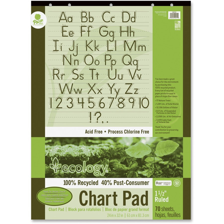 Decorol Recycled Chart Pad - 70 Sheets - Strip - Front Ruling Surface - Ruled Front Ruling - 1.50" Ruled - 24" x 32" Sheet Size - White Paper - Manuscript Cover - Eco-friendly, Acid-free, Padded, Tab, Chipboard Backing, Hole-punched, Chlorine-free, Rec...
