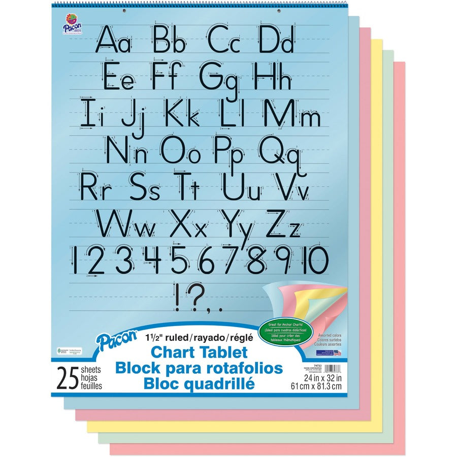 Pacon Colored Paper Chart Tablet - 25 Sheets - 1.50" Ruled - 24" x 32" Sheet Size - 24" Height x 32" Width - Assorted Paper - Punched, Spiral Bound - Recycled - 1 Each