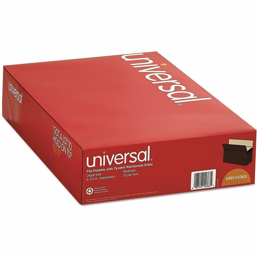 Universal Straight Tab Cut Legal Expanding File - 8 1/2" x 14" - Capacity5 1/4" Expansion - 1 Pocket - Top Tab Position - Redrope - 30% Recycled - 10 / Box