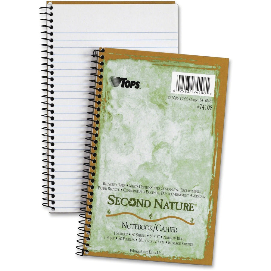 TOPS Narrow-ruled Second Nature 1-subject Notebook - 80 Sheets - Wire Bound - 15 lb Basis Weight - 8" x 5" Sheet Size - White Paper - Green Cover - Perforated - 1 Each
