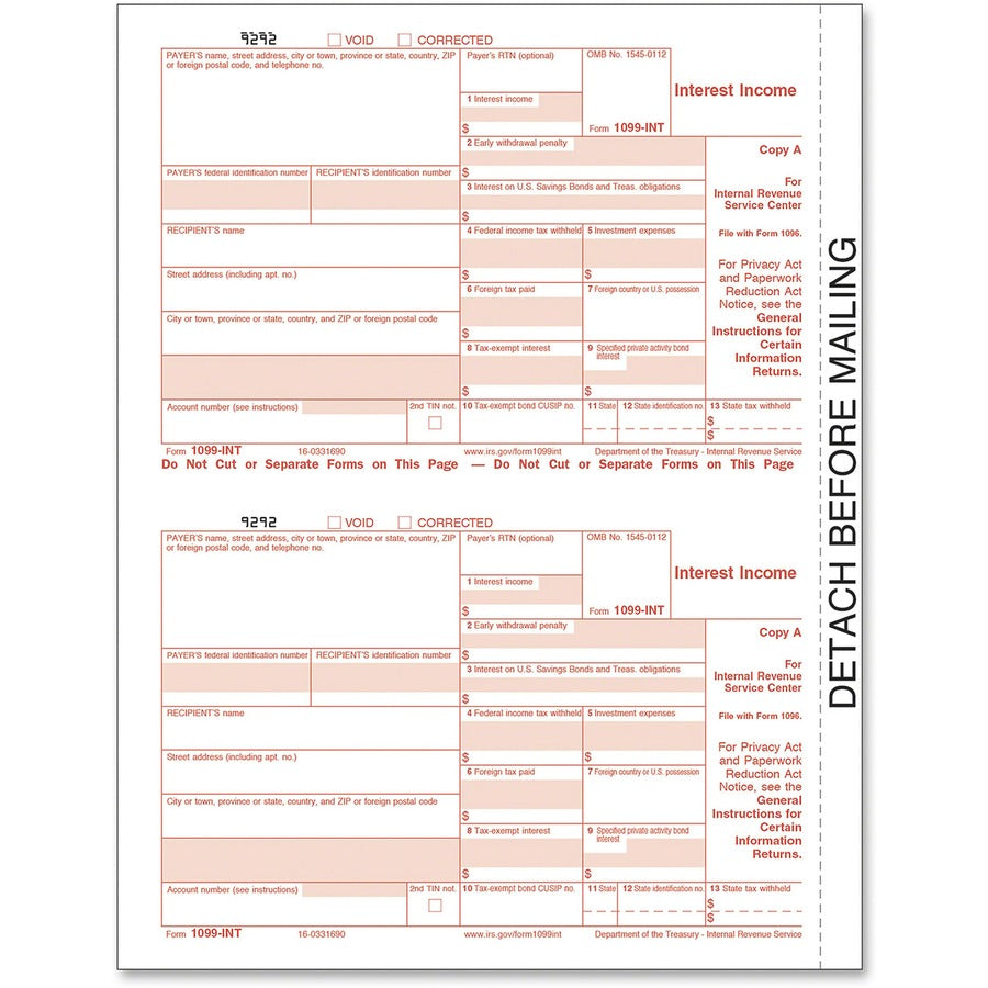 TOPS IRS Approved 4-part 1099-INT KIT Tax Forms - 5 Part - Carbonless Copy - 5.50" x 3.67" Form Size - 9" x 11" Sheet Size - White Sheet(s) - Red Print Color - 24 / Pack