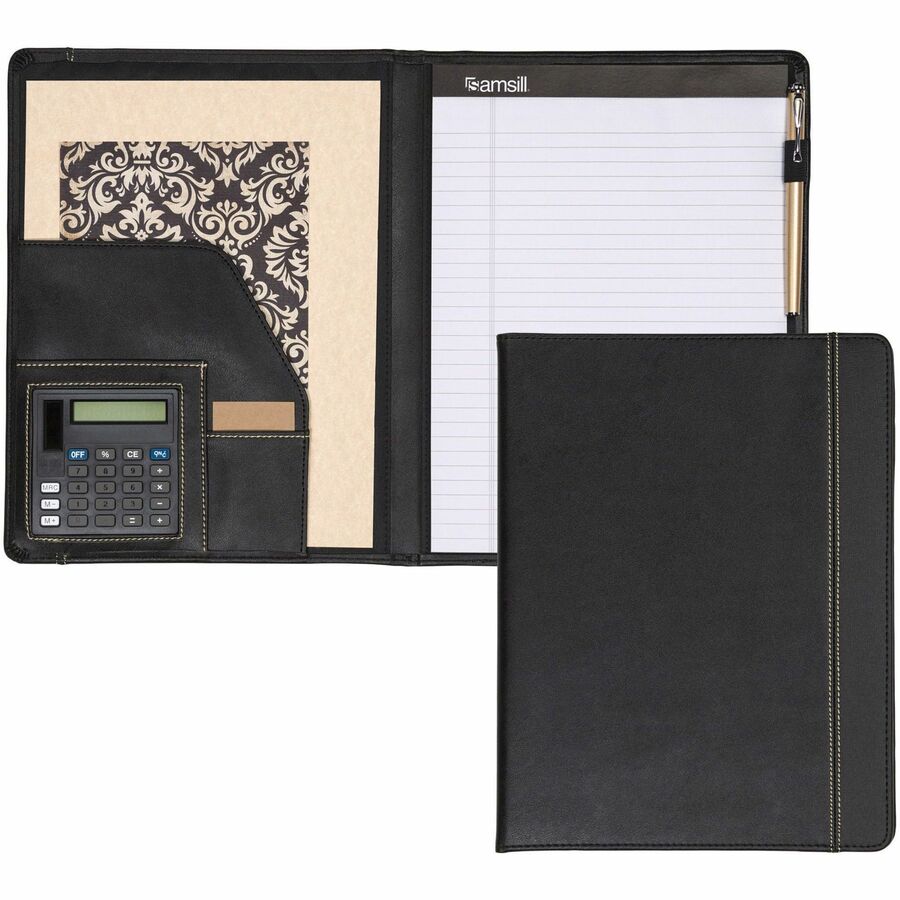 Samsill Professional Letter Pad Folio - 8 1/2" x 11" - 2 Internal Pocket - Vinyl, Polyvinyl Chloride (PVC) - Black - Pen Loop, Storage Pocket, Padded, Foldable - 1 Each