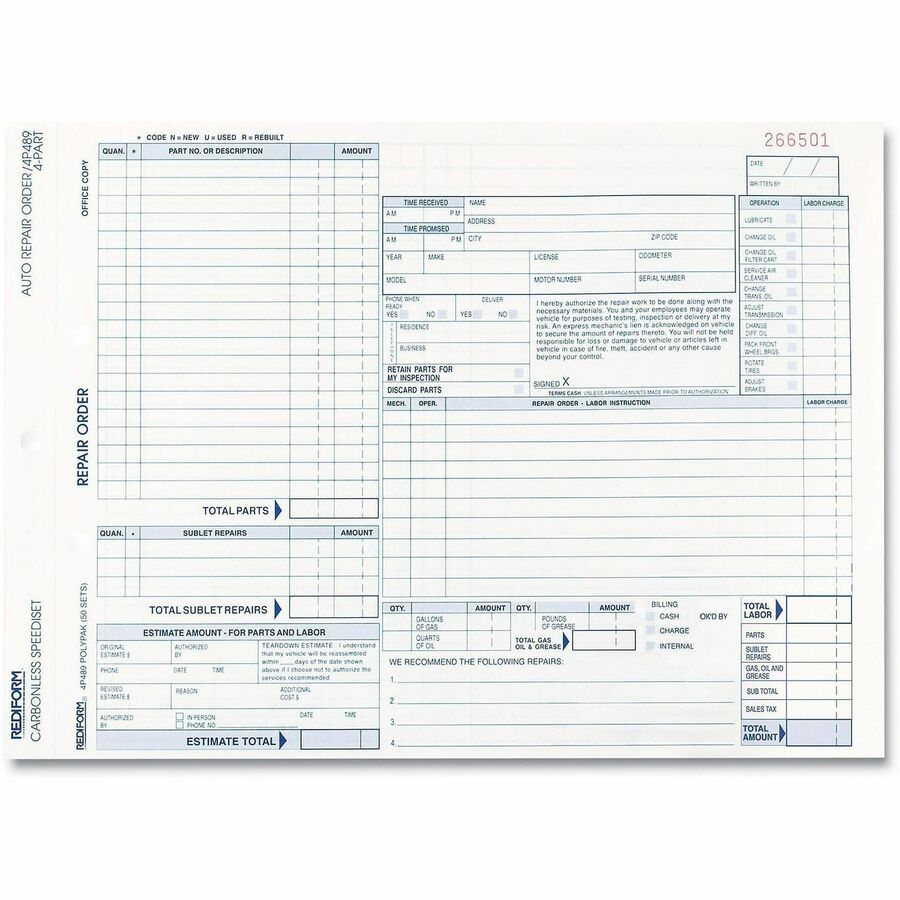Rediform 4P489 Polypack Auto Repair Order Form - 4 Part - Carbonless Copy - 8.50" x 11" Form Size - White, Yellow, Pink - 5 / Pack