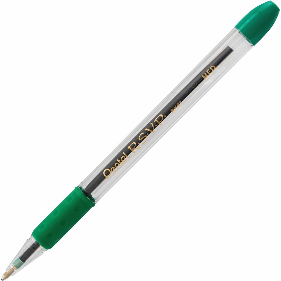Pentel R.S.V.P. Ballpoint Stick Pens - Refillable - Green Ink - Clear Barrel - Stainless Steel Tip - 12 / Dozen