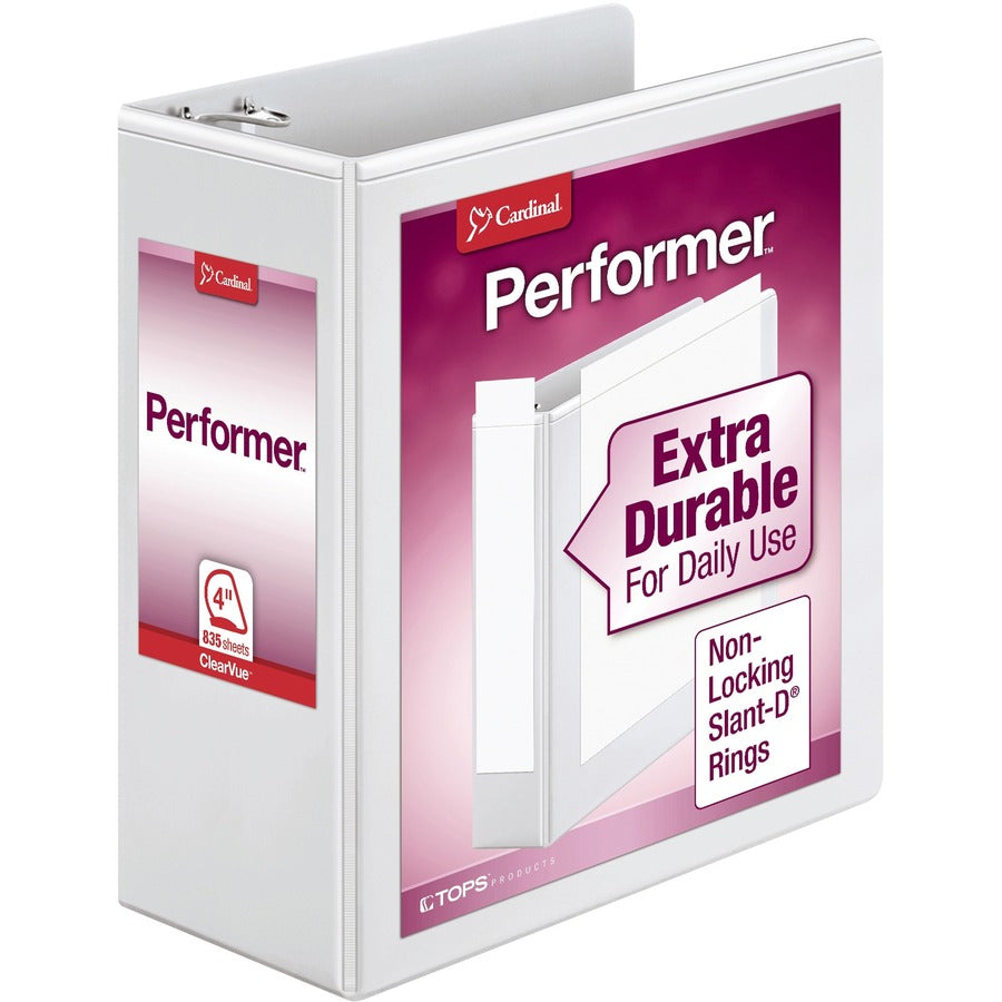 Cardinal®, Performer ClearVue Slant-D Ring Binder - 4" Binder Capacity - Letter - 8 1/2" x 11" Sheet Size - 835 Sheet Capacity - 3 3/5" Spine Width - 3 Ring - Fastener: D-Ring - Pocket: 2, Inside Front & Back - Vinyl - White - 2.14 lb - Hinged, Shee...