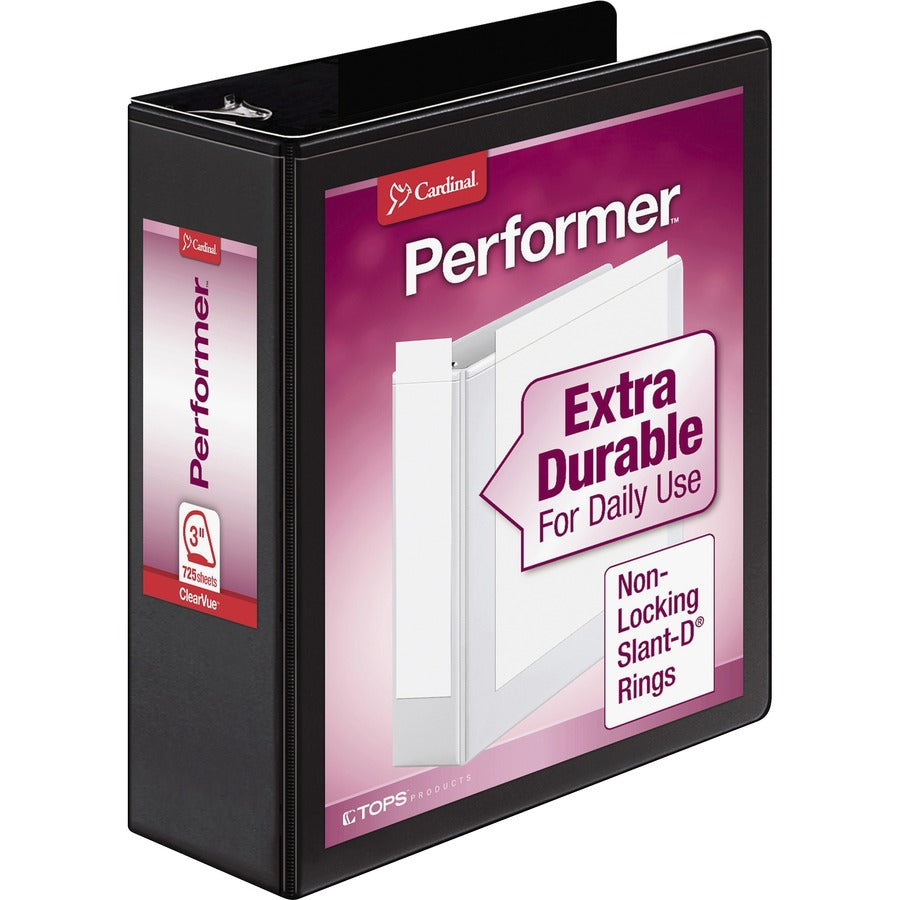 Cardinal®, Performer ClearVue Slant-D Ring Binder - 3" Binder Capacity - Letter - 8 1/2" x 11" Sheet Size - 725 Sheet Capacity - 2 29/32" Spine Width - 3 Ring - Fastener: D-Ring - Pocket: 2, Inside Front & Back - Vinyl - Black - 1.78 lb - Label Hold...