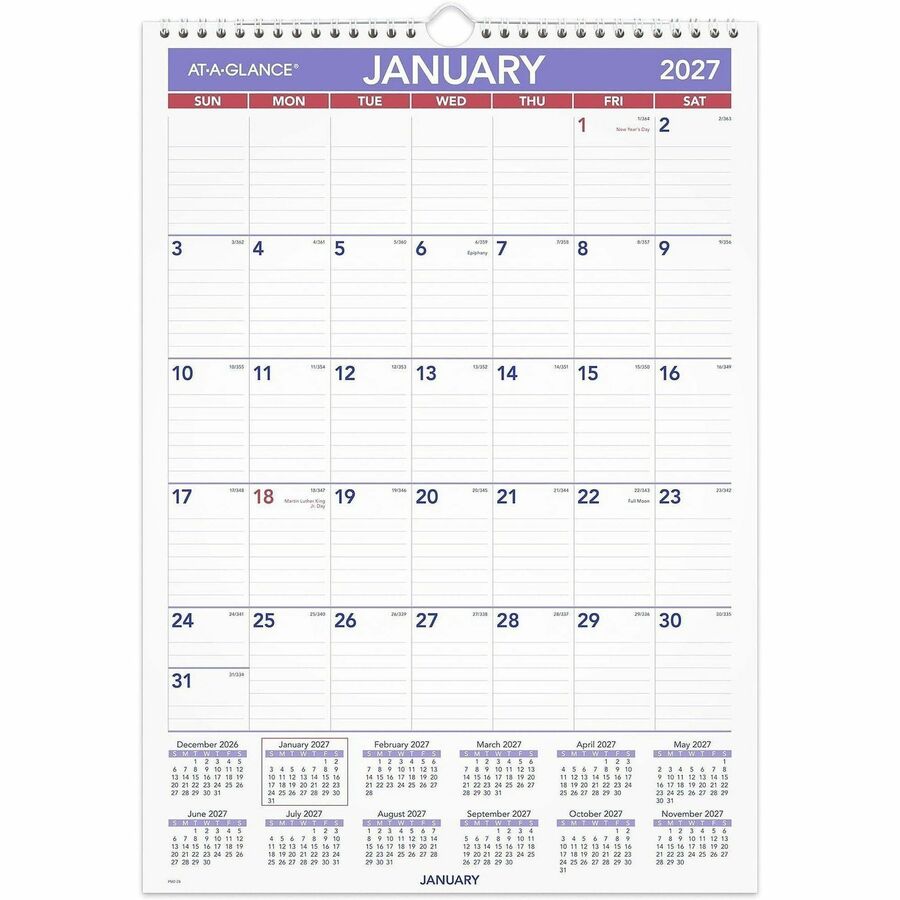 At-A-Glance Wall Calendar - Medium - Julian Dates - Monthly - 12 Month - January 2027 to December 2027 - 1 Month Single Page Layout - 12" x 17" Sheet Size - White Sheet - Wire Bound - White, Blue, Red - Chipboard, Paper - 1 Each