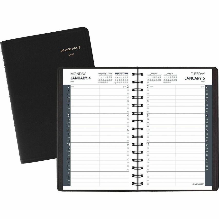 At-A-Glance Appointment Book Planner - Small - Julian Dates - Daily - 12 Month - January 2027 to December 2027 - 7:00 AM to 7:45 PM - Quarter-hourly - 1 Day Single Page Layout - 5" x 8" Sheet Size - White Sheet - Wire Bound - Black - Faux Leather - 1 Each