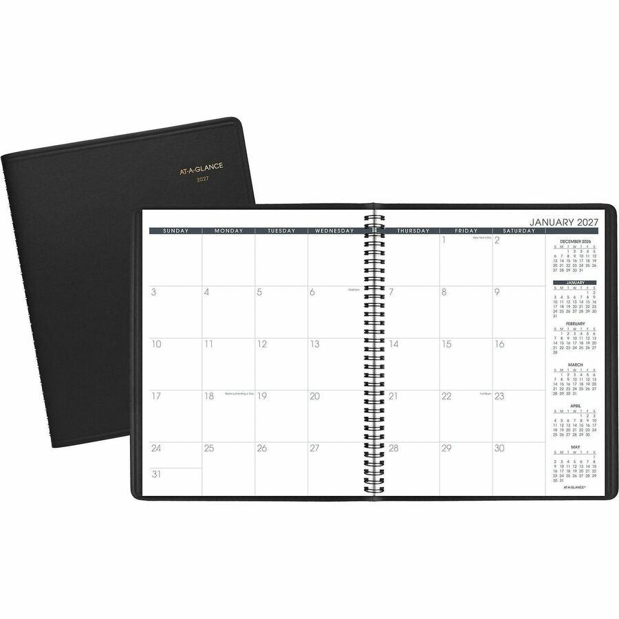 At-A-Glance Planner - Large - Julian Dates - Monthly - 15 Month - January 2027 to March 2028 - 1 Month Double Page Layout - 9" x 11" Sheet Size - White Sheet - Wire Bound - White, Black - Faux Leather - Black Cover - 1 Each