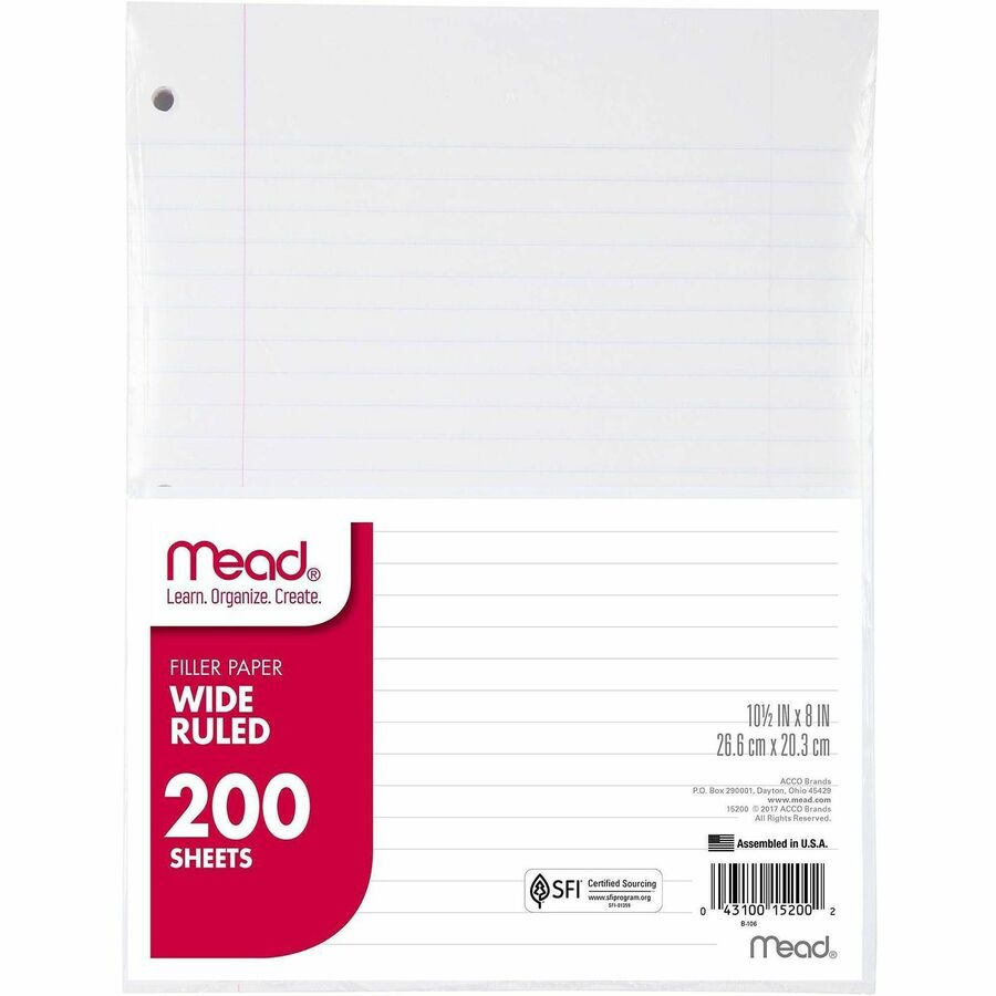 Mead 3-Hole Punched Wide-ruled Filler Paper - 200 Sheets - Ruled Red Margin - 8" x 10 1/2" Sheet Size - White Paper - 200 / Pack