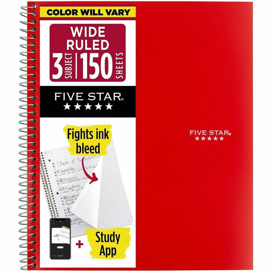 Five Star Three-subject Notebook - 150 Sheets - Wire Bound - 8" x 10 1/2" Sheet Size - Assorted Plastic Cover - Pocket Divider, Subject, Perforated - 1 Each
