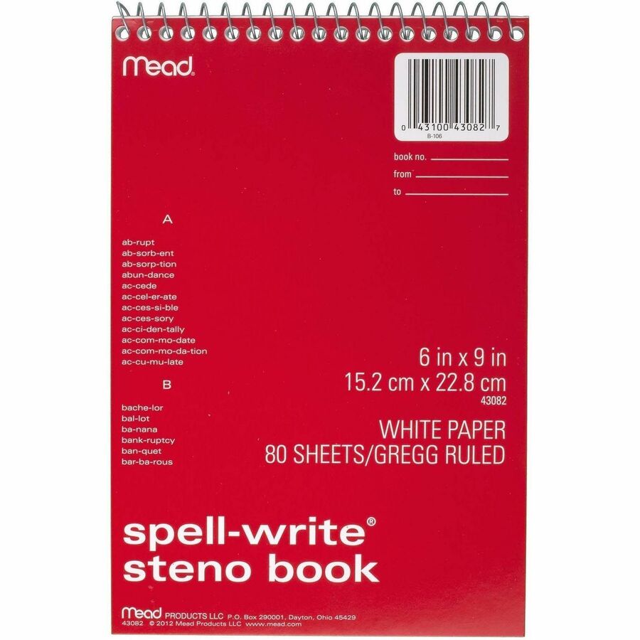 Mead Spell-Write Steno Book - 80 Sheets - 6" x 9" Sheet Size - White Paper - 1 Each