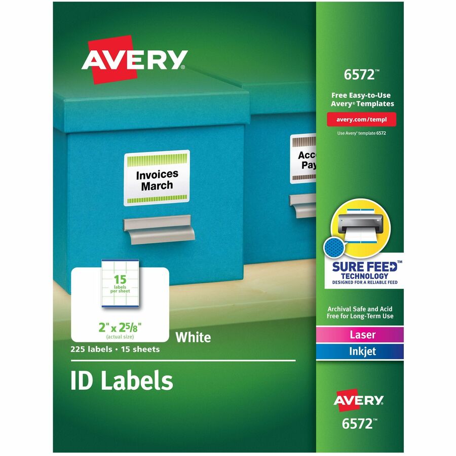 Avery®, Laser Inkjet Printer Permanent ID Labels - 2" Width x 2 5/8" Length - Permanent Adhesive - Rectangle - Inkjet, Laser - White - Paper - 15 / Sheet - 15 Total Sheets - 225 Total Label(s) - 225 / Pack